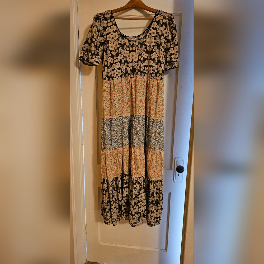 NATURAL LIFE Floral Patchwork Maxi Dress - Black, Cream, Orange